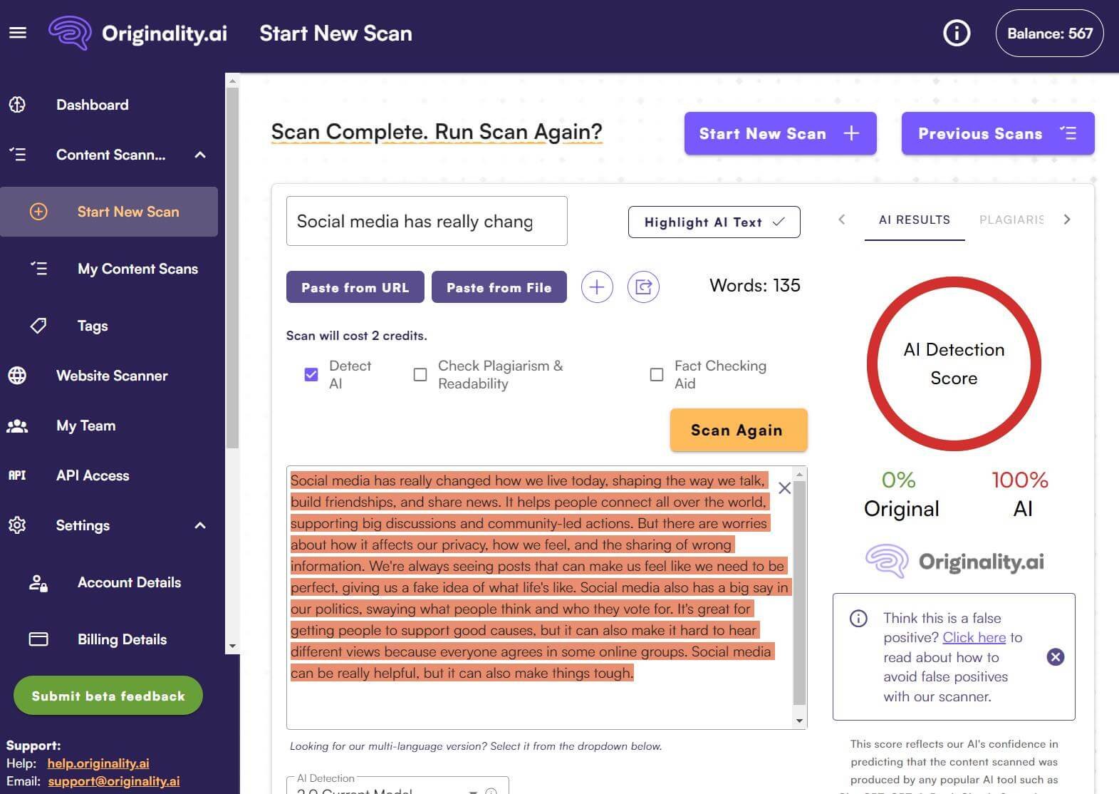 Originality.ai detect text from Netus AI humanizer
