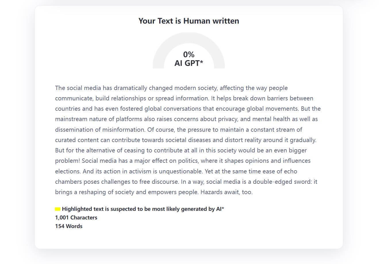 ZeroGPT detect text from BypassGPT AI humanizer